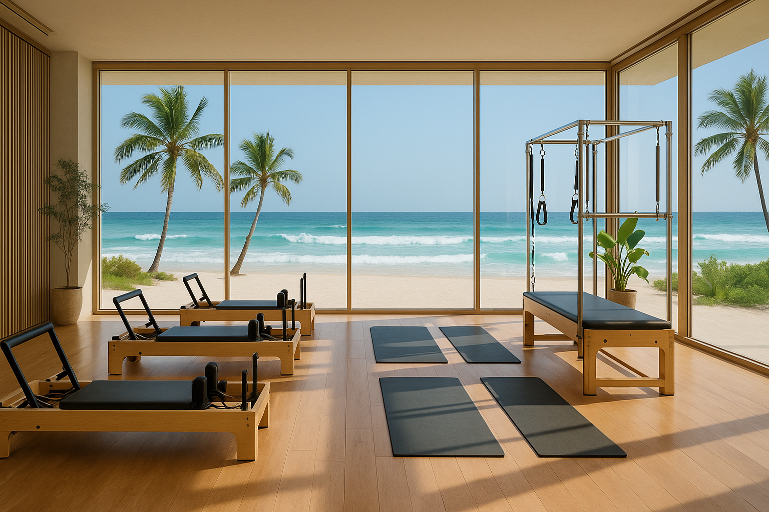 pilates studio in a beautiful beach environment. Realistic, ultra 4k hd.